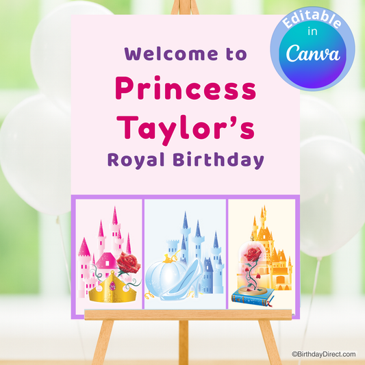 Decorative poster for Princess Taylor's Royal Birthday with castle illustrations on a soft pink background.