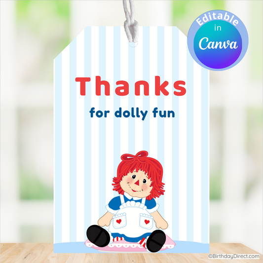 Card with a cartoon doll and text 'Thanks for dolly fun' on a striped background, featuring the Canva logo.