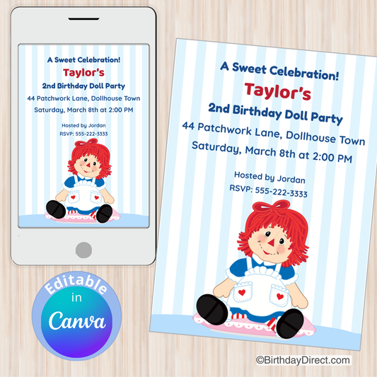 Birthday party invitation with a doll on a smartphone and paper background