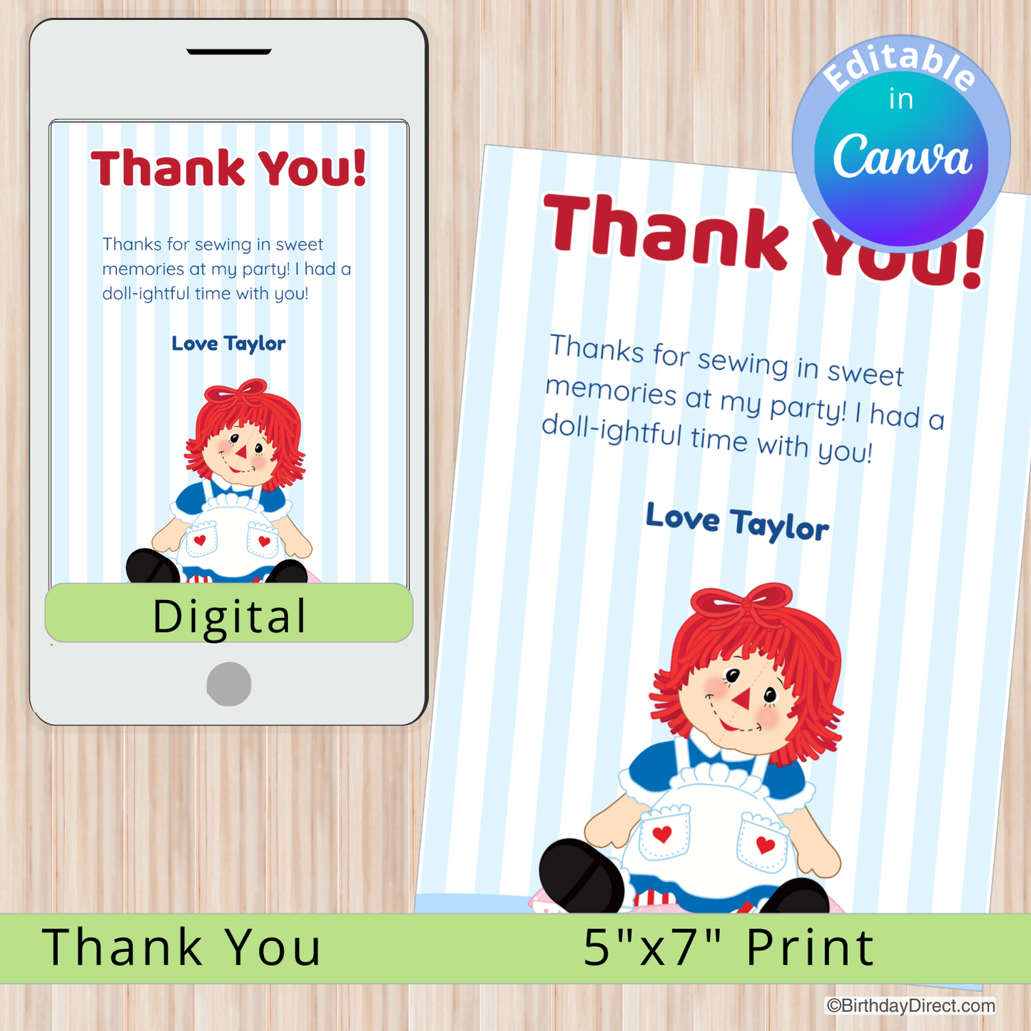 Thank you card with a doll illustration on a digital and print format display.