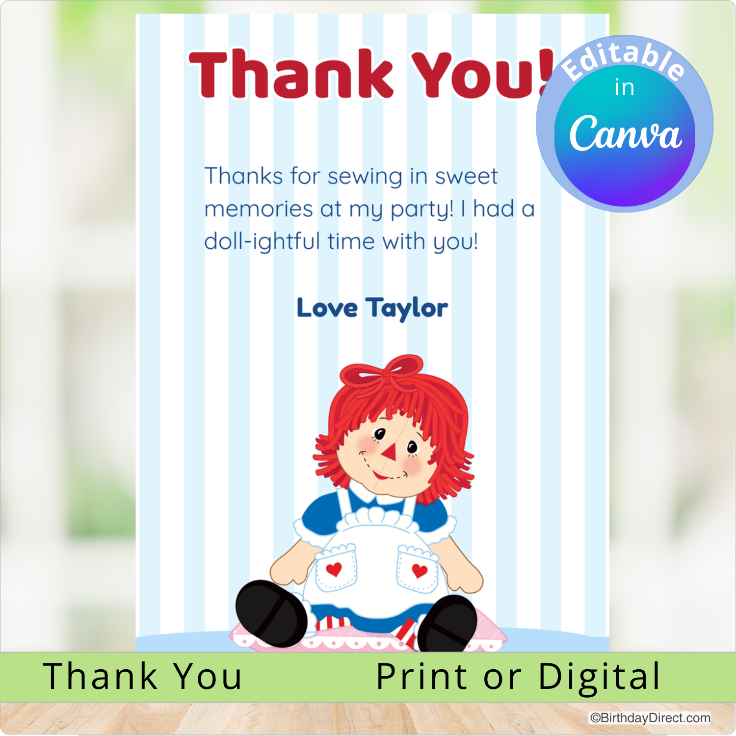 Thank you card with a cartoon character on a striped background, featuring text and Canva editing information.