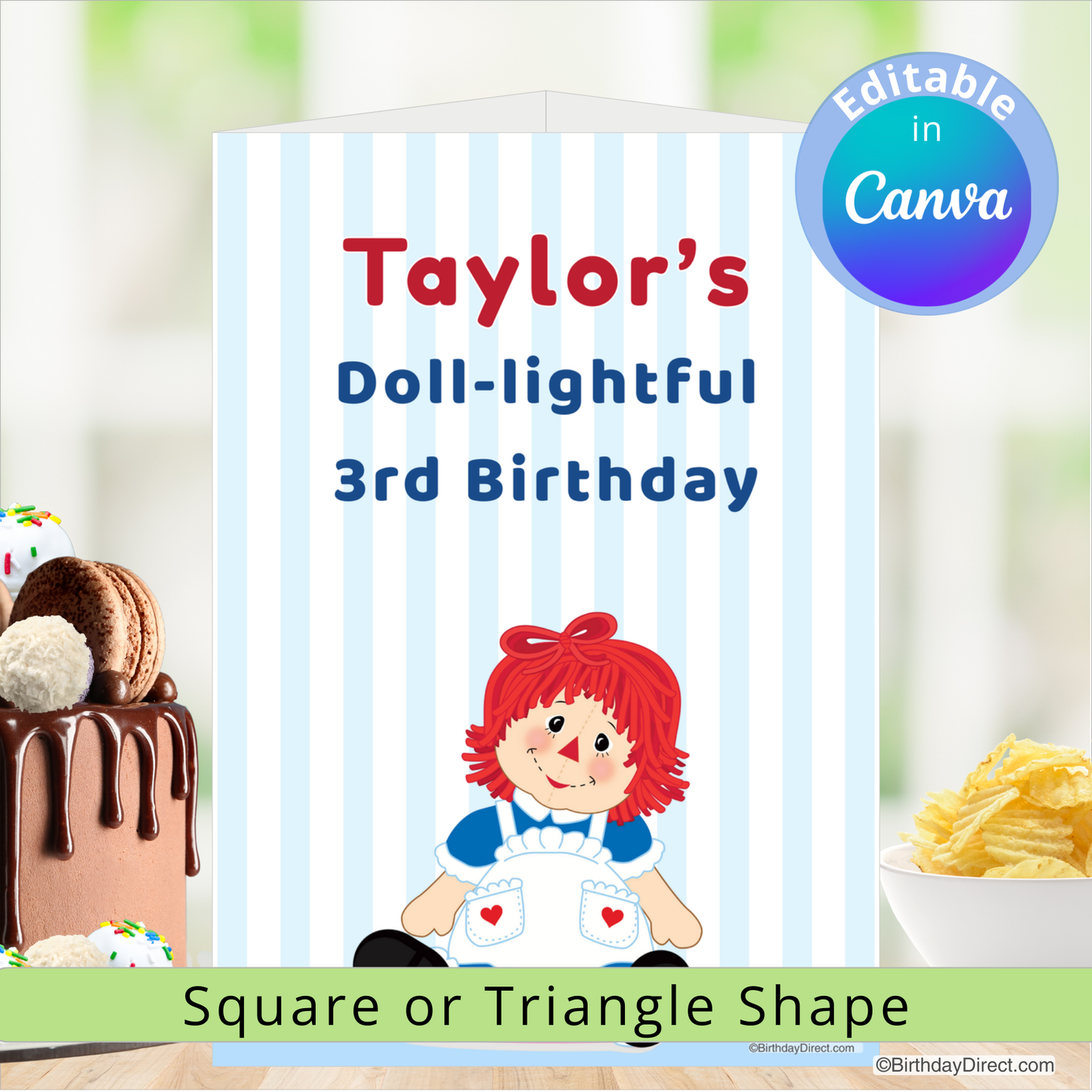 Birthday centerpiece decoration with a doll illustration and text for a child's birthday, featuring a cake and snacks on a blurred background.