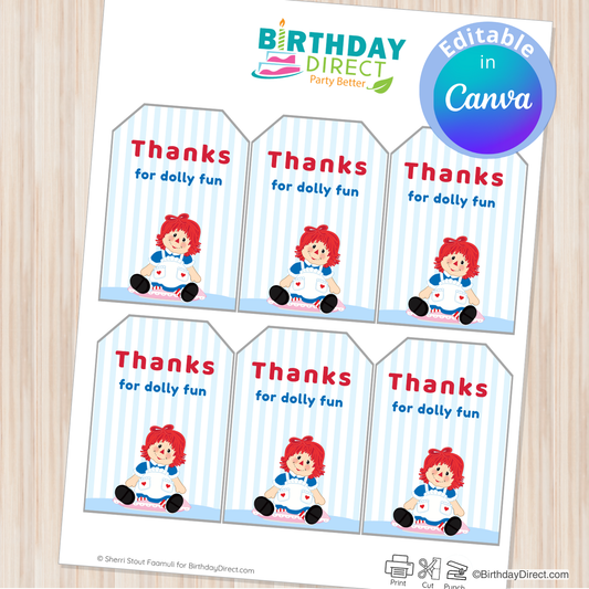 Sheet of 'Thanks for dolly fun' cards with a cartoon character, branded by Birthday Direct.