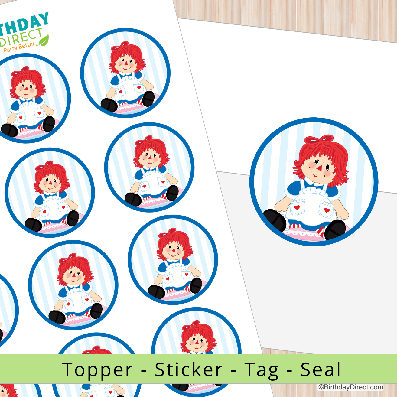Circular stickers with a Raggedy Ann character design on a white background, featuring 'Birthday Direct' branding.