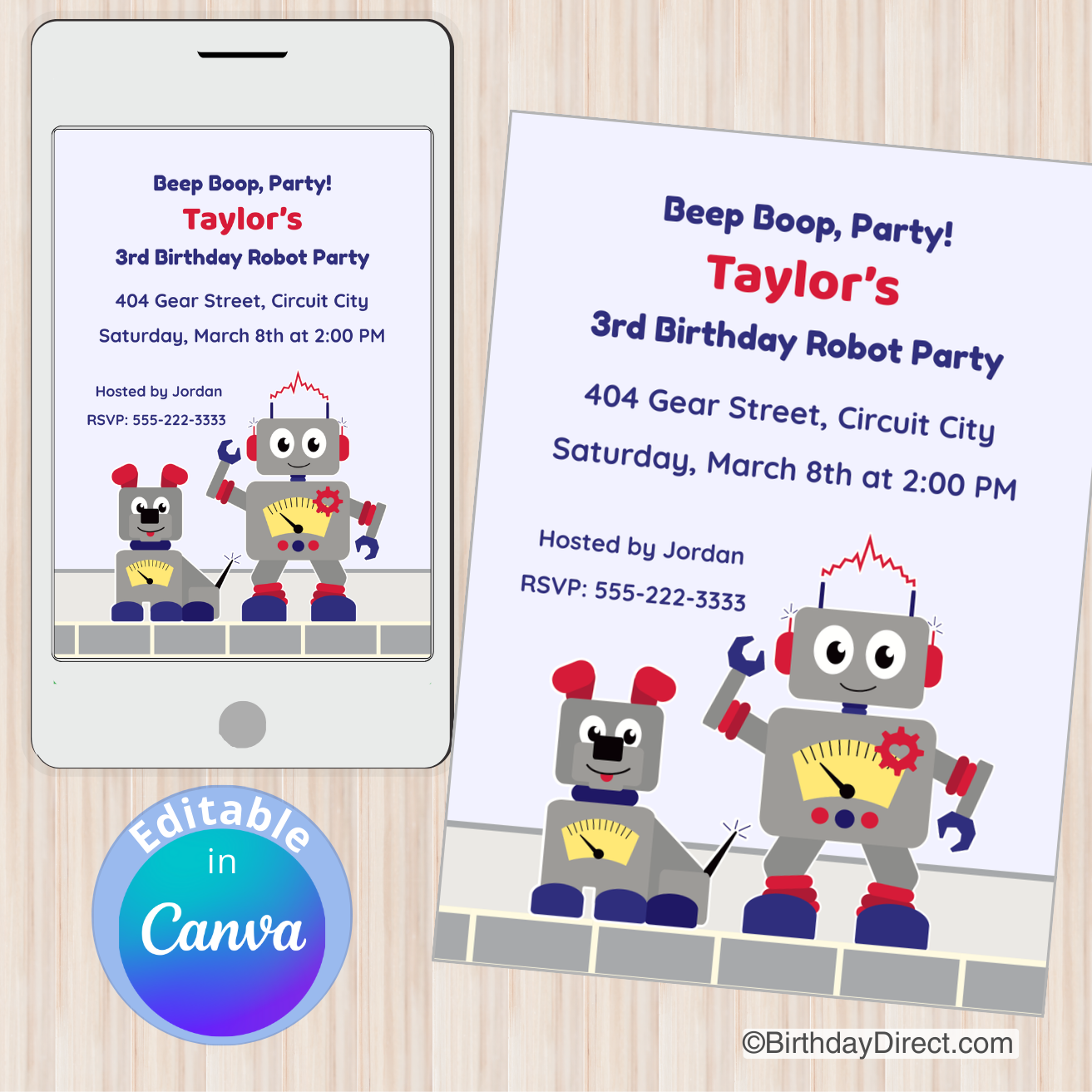 Robot-themed birthday party invitation on a smartphone and paper with 'BirthdayDirect.com' branding.