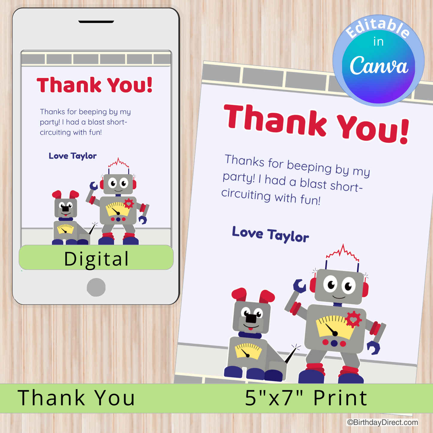 Digital and print versions of a 'Thank You' card with robots on a wooden surface.