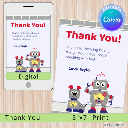 Digital and print versions of a 'Thank You' card with robots on a wooden surface.