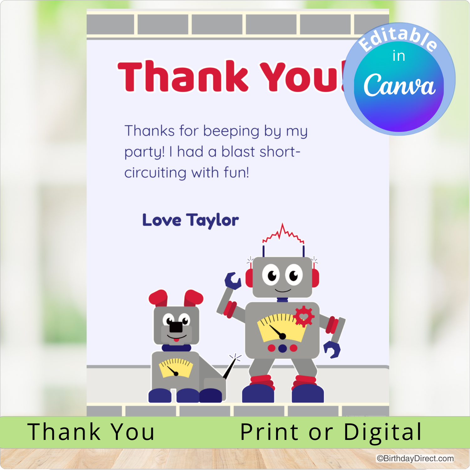 Thank you card with robots and editable text feature on a blurred background