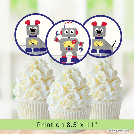 Cupcakes with robot-themed toppers on a light green background