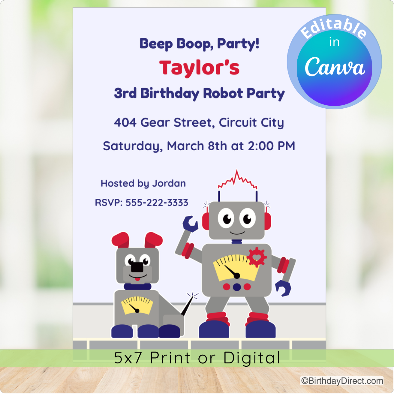 Birthday party invitation with robot and dog design, featuring editable text in Canva.