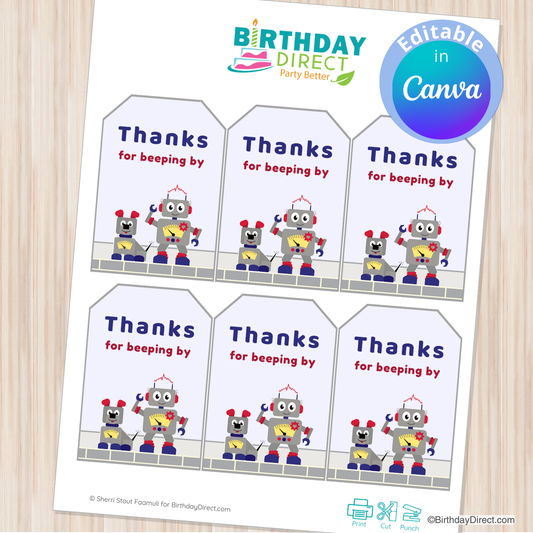 Sheet of robot-themed thank you cards with 'Thanks for beepin' by' text, printed on paper.