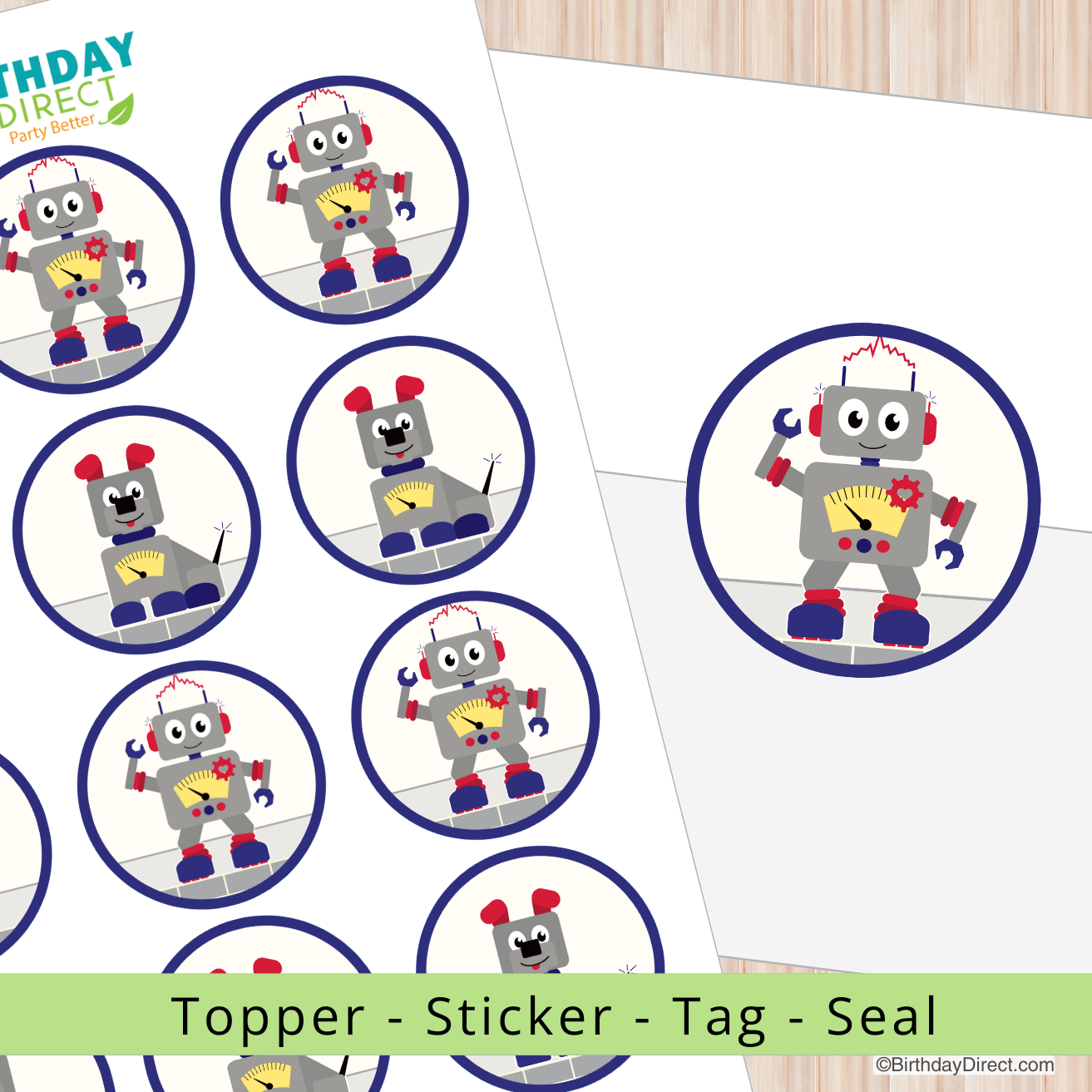 Robot-themed topper, sticker, tag, and seal on a white background with 'Birthday Direct' branding.