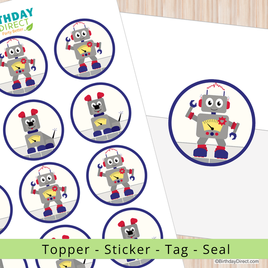 Robot-themed topper, sticker, tag, and seal on a white background with 'Birthday Direct' branding.