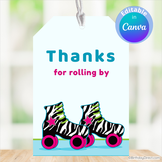 Card with zebra-striped roller skates and text 'Thanks for rolling by' on a white background.