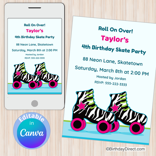 Birthday party invitation with zebra-striped roller skates on a smartphone and paper.
