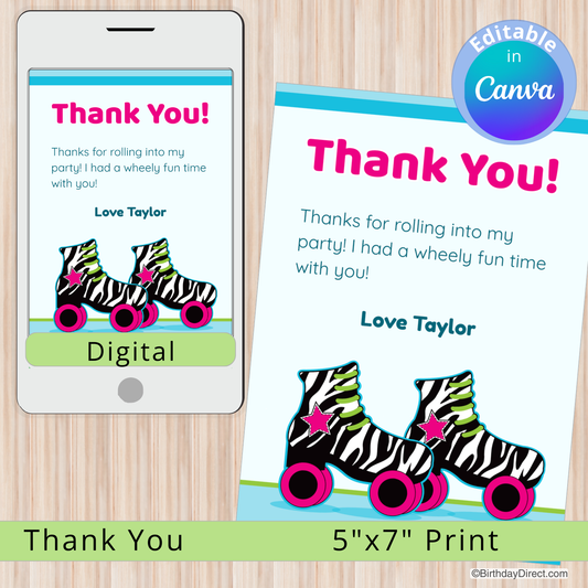 Digital and print thank you card with roller skates design on a wooden surface