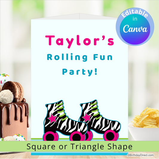 Birthday centerpiece decoration with zebra-striped roller skates, cake, and chips on a blurred background.