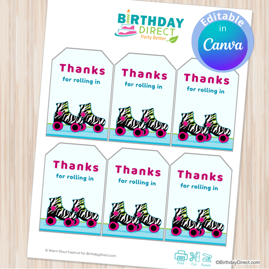 Sheet of birthday party favor tags with roller skates design and 'Thanks for rolling in' text, branded by Birthday Direct.
