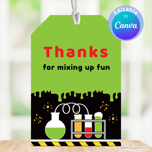 Green tag with 'Thanks for mixing up fun' text and science-themed design on a blurred background.