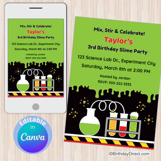 Science-themed birthday party invitation on a smartphone and paper with 'BirthdayDirect.com' branding.
