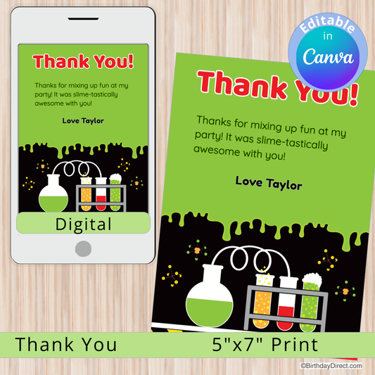 Digital and print versions of a 'Thank You' card with science-themed design on a wooden surface.