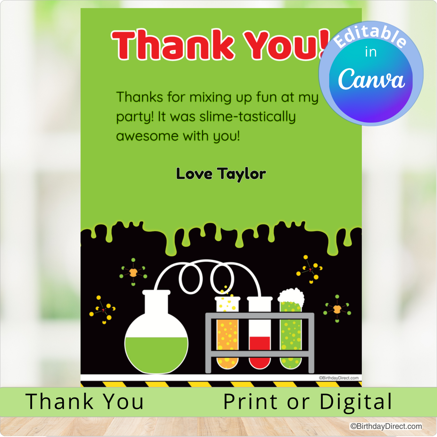 Party thank you card with science-themed design and editable text feature.