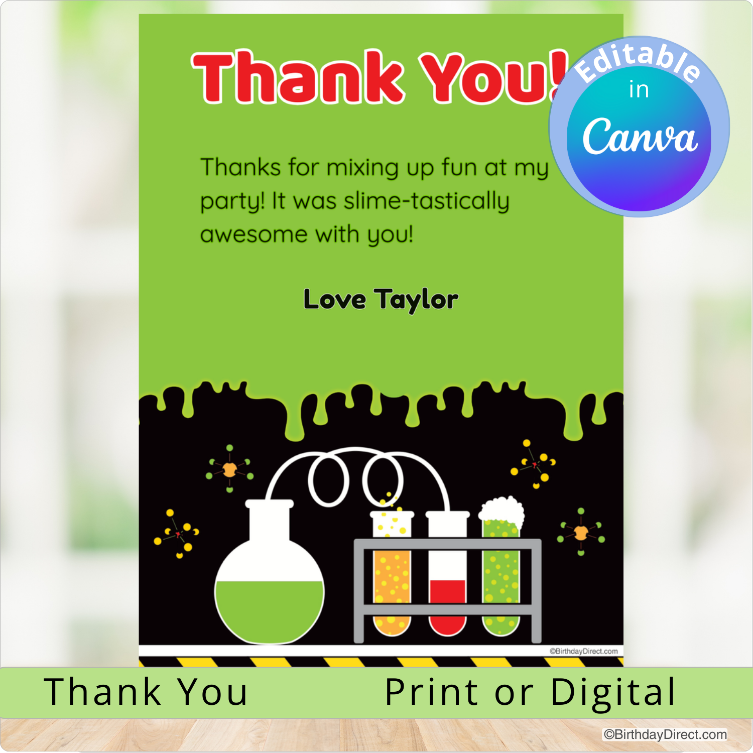 Party thank you card with science-themed design and editable text feature.
