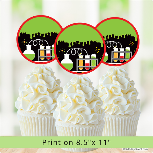Decorative cupcake toppers with science-themed design on a white background