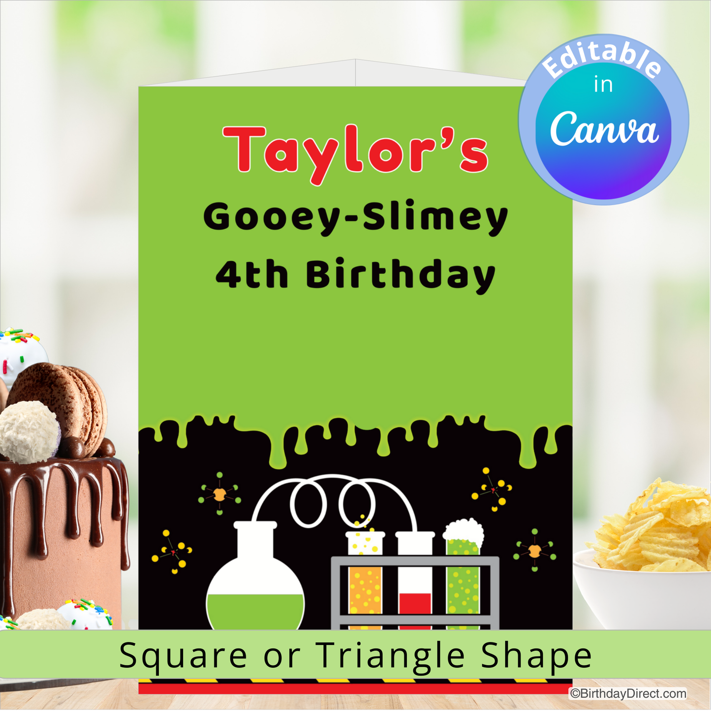 Birthday centerpiece decoration for a gooey-slimy themed birthday party with text and science-themed graphics.