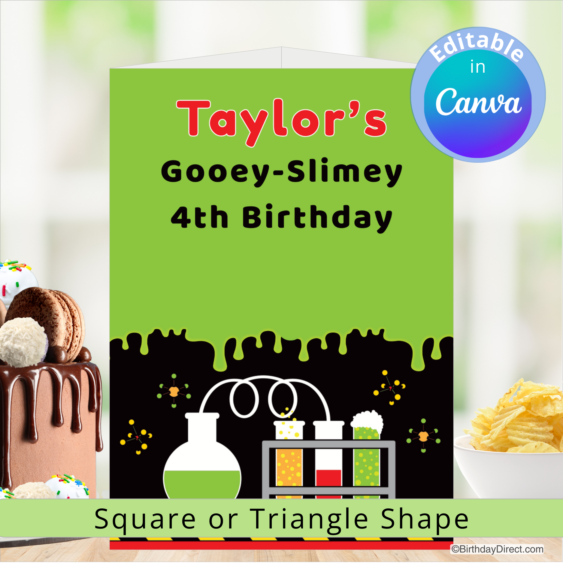 Birthday centerpiece decoration for a gooey-slimy themed birthday party with text and science-themed graphics.