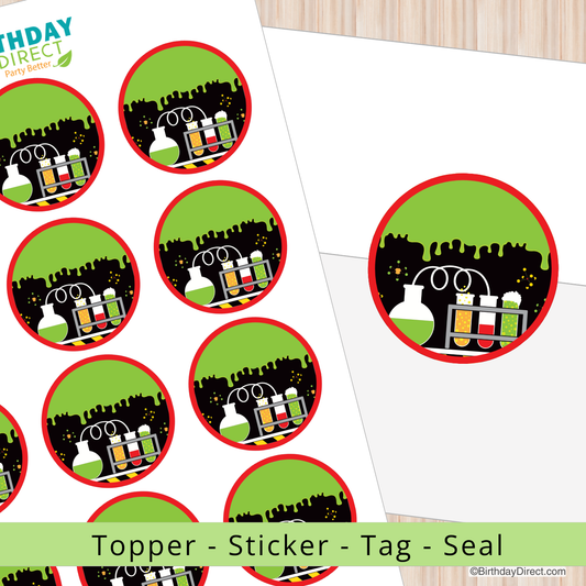 Science-themed stickers with green borders on a white background, featuring 'Birthday Direct' branding.
