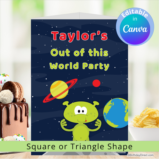 Birthday centerpiece decoration with alien, planets, and text 'Taylor's Out of this World Party' on a blue background.