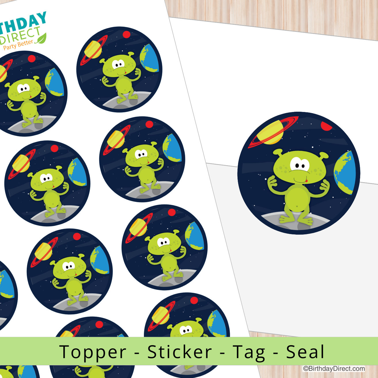 Alien-themed stickers on a white background with 'Birthday Direct' branding.