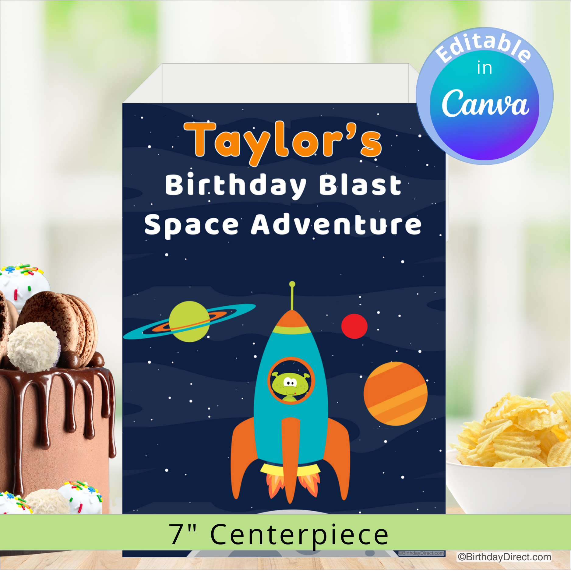 Space-themed birthday centerpiece with rocket ship and planets, suitable for a child's party.
