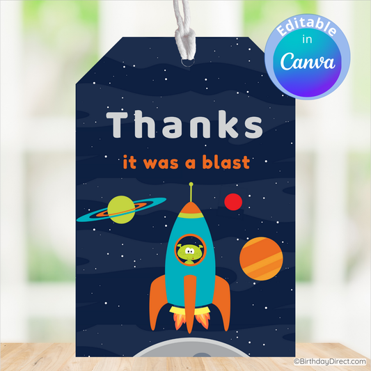 Space-themed card with a rocket and planets, featuring the text 'Thanks it was a blast'.