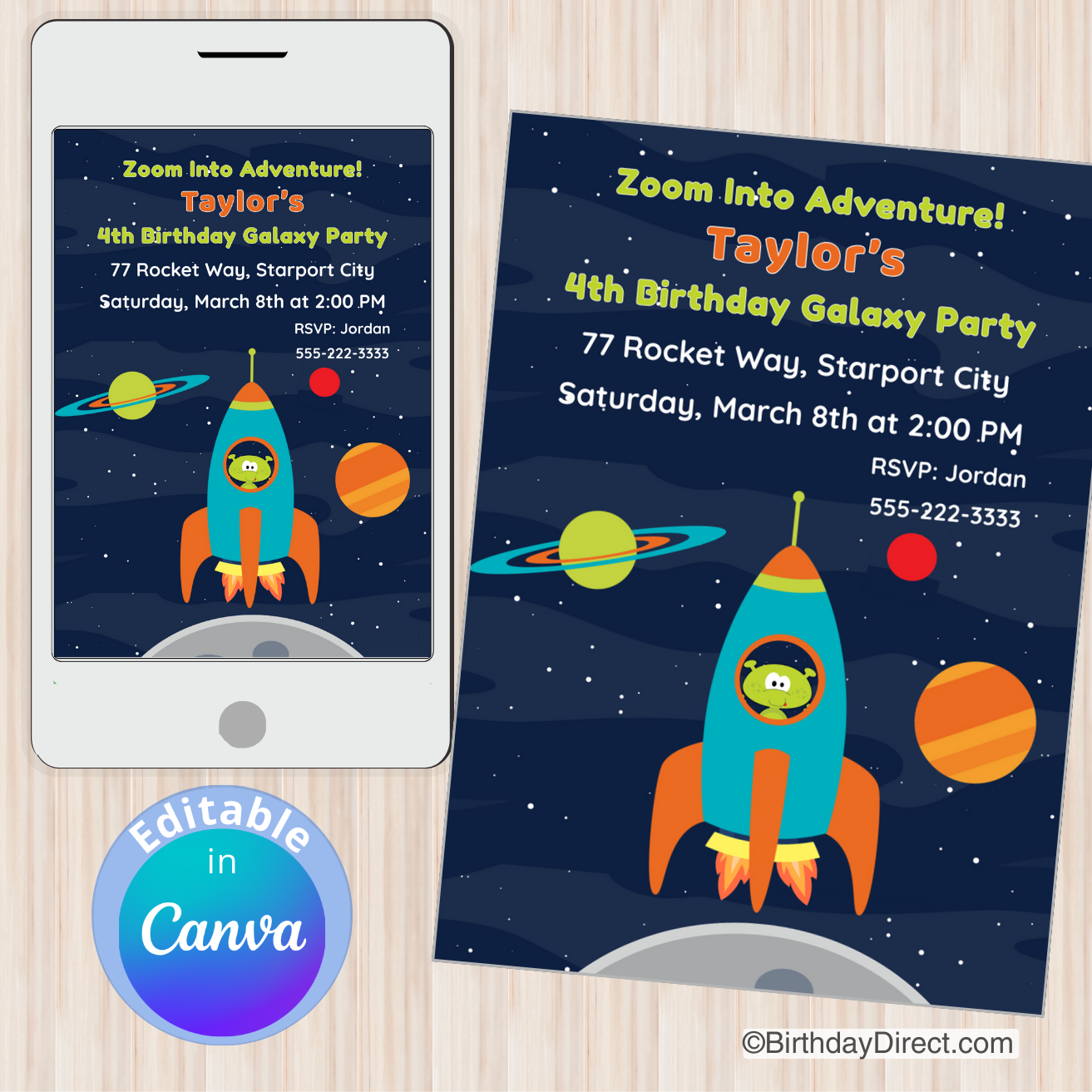 Space-themed birthday party invitation on a smartphone and paper