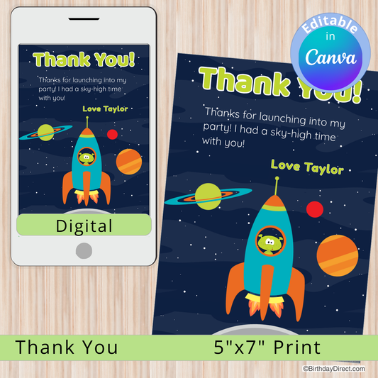 Space-themed thank you card with rocket and alien on a wooden surface, with digital and print options displayed.