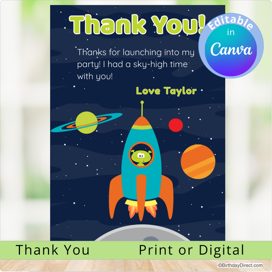 Space-themed thank you card with a rocket and planets, featuring editable text in Canva.