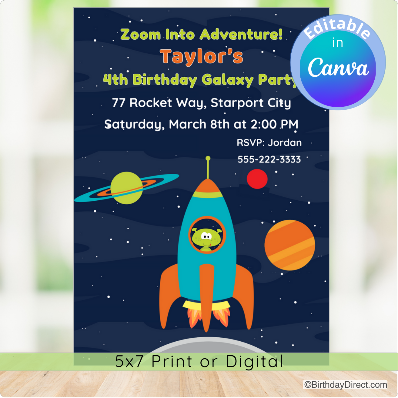 Space-themed birthday party invitation with rocket and planets on a dark blue background.