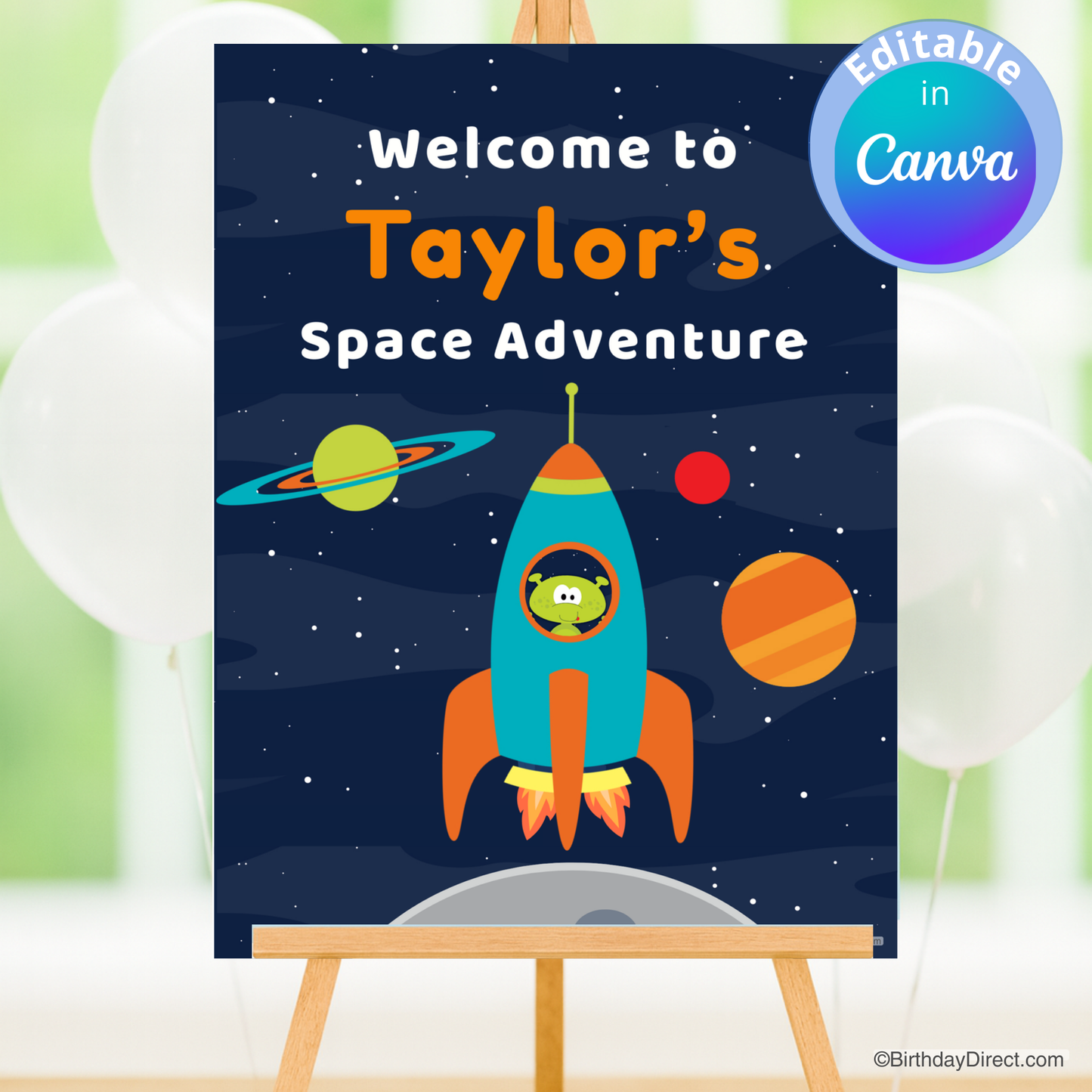 Children's space-themed poster with a rocket and planets, featuring 'Welcome to Taylor's Space Adventure' text.