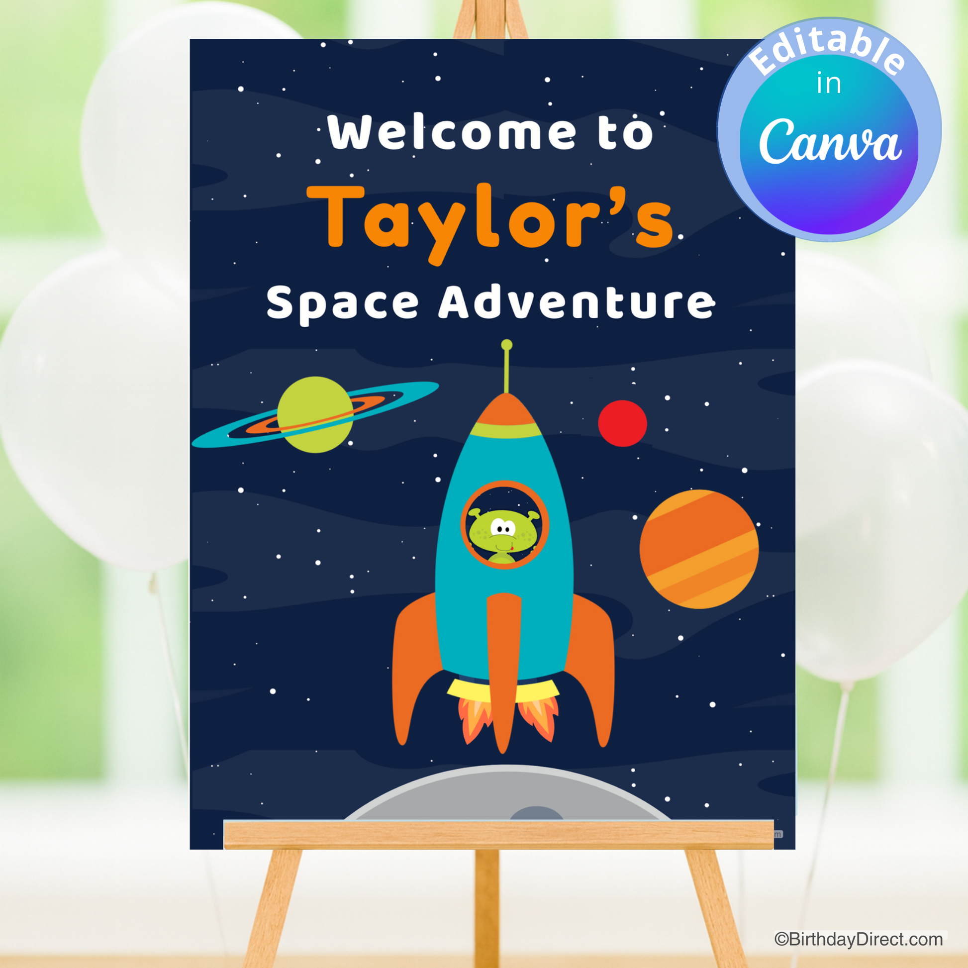 Children's space-themed poster with a rocket and planets, featuring 'Welcome to Taylor's Space Adventure' text.