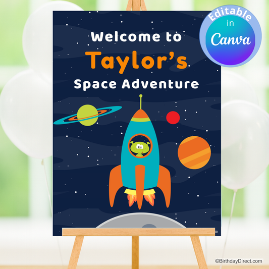 Children's space-themed poster with a rocket and planets, featuring 'Welcome to Taylor's Space Adventure' text.