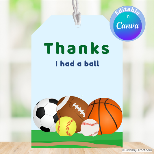 Gift tag with sports balls and 'Thanks I had a ball' text on a light blue background.