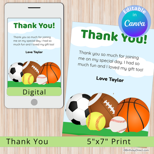 Digital and print sports-themed thank you cards with editable text on a wooden surface.