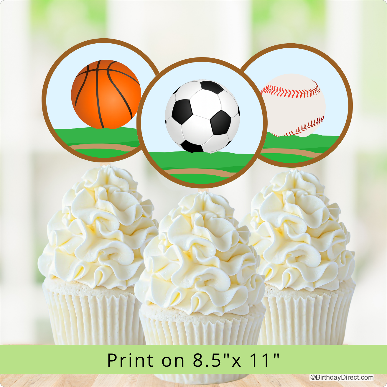Cupcakes with sports-themed toppers on a light background