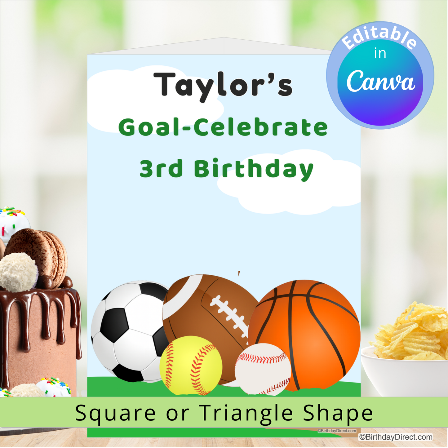 Birthday centerpiece decoration with sports-themed elements and cake, Editable in Canva text.