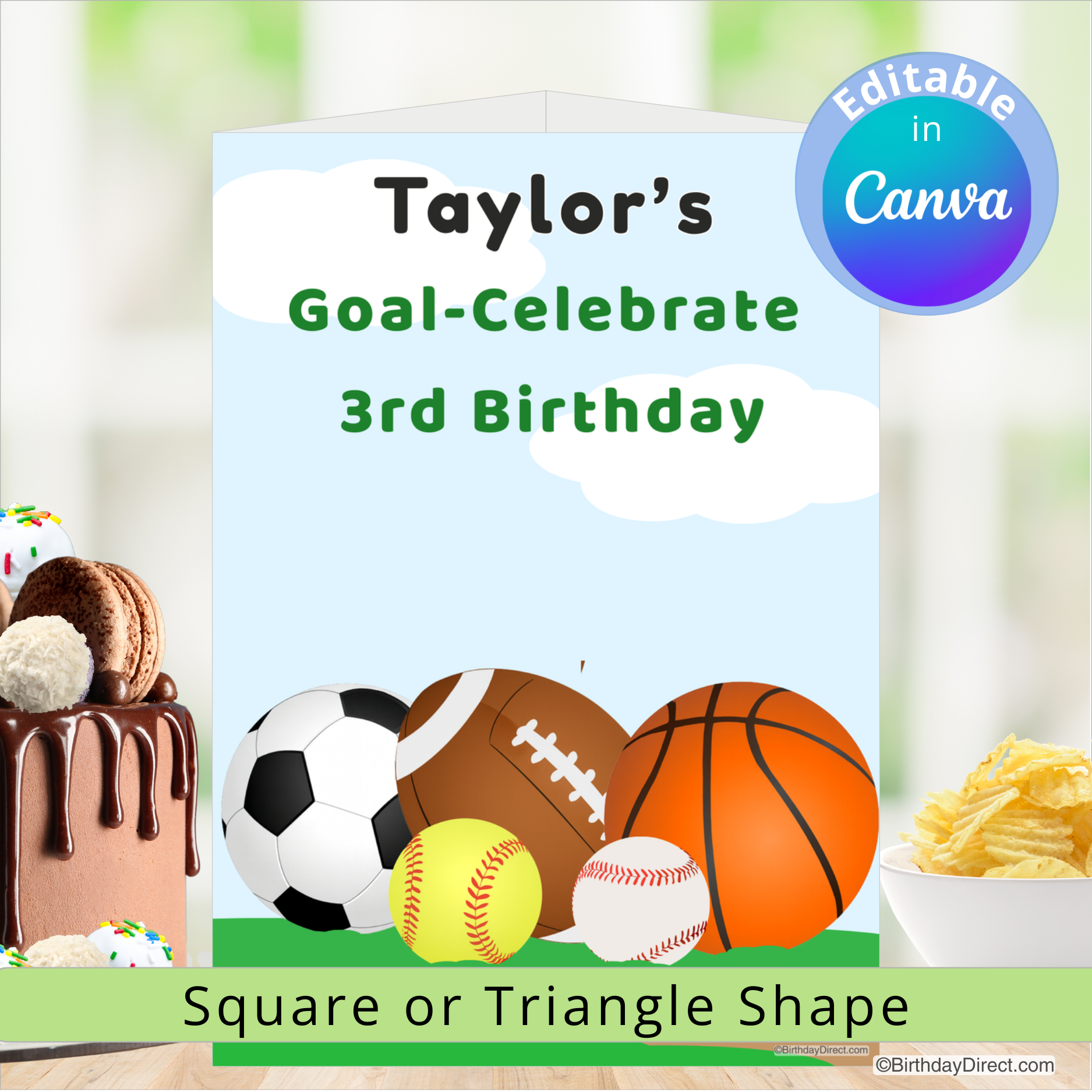 Birthday centerpiece decoration with sports-themed elements and cake, Editable in Canva text.
