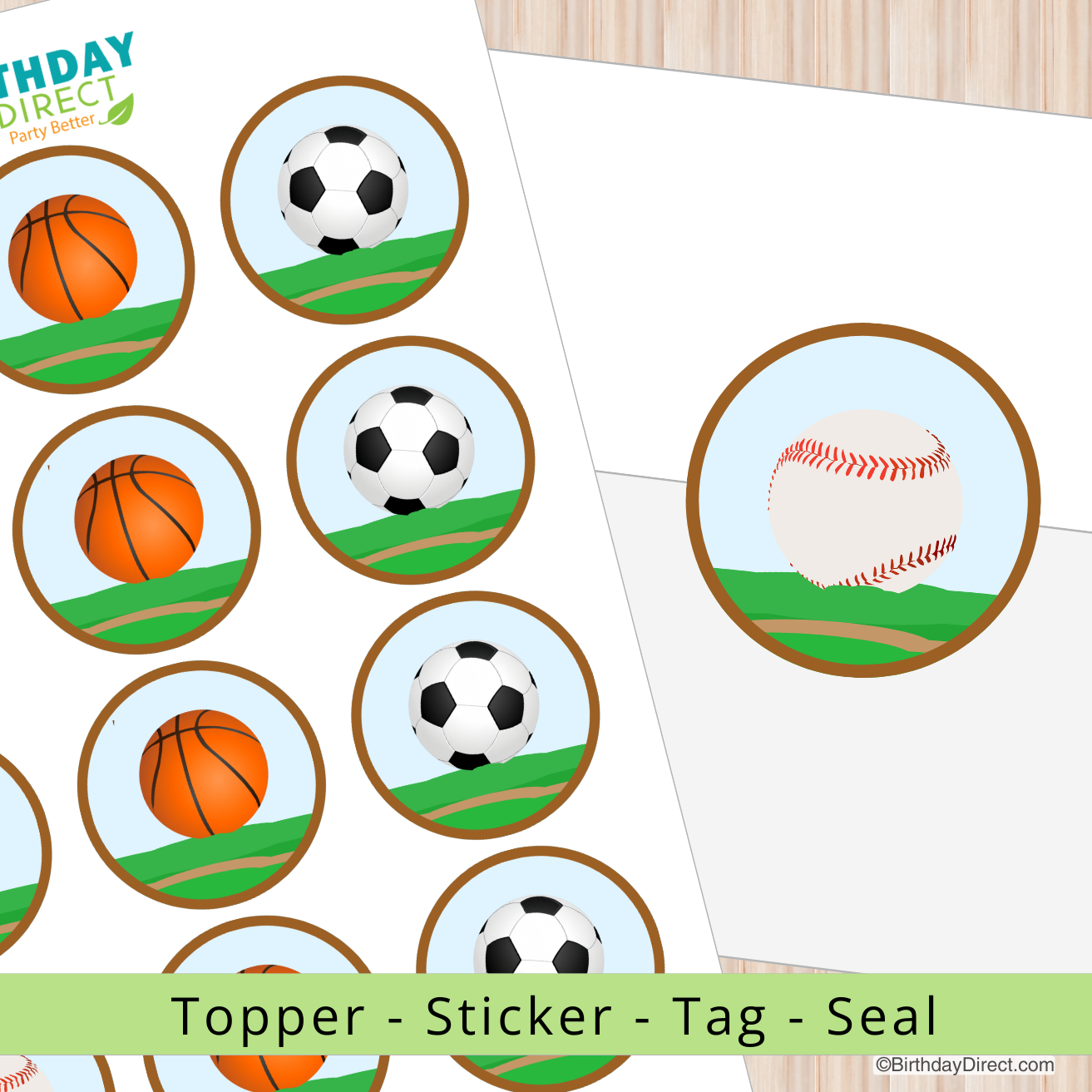 Sports-themed topper stickers with basketball, soccer ball, and baseball on a white background.