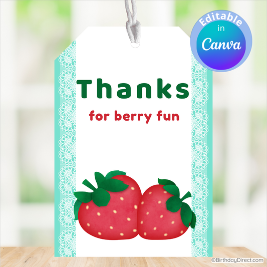 Card with strawberries and text 'Thanks for berry fun' on a blurred background