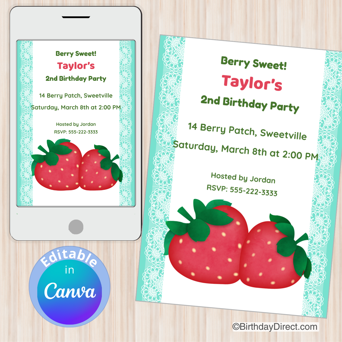Berry-themed birthday party invitation on a smartphone and paper with 'Canva' branding.